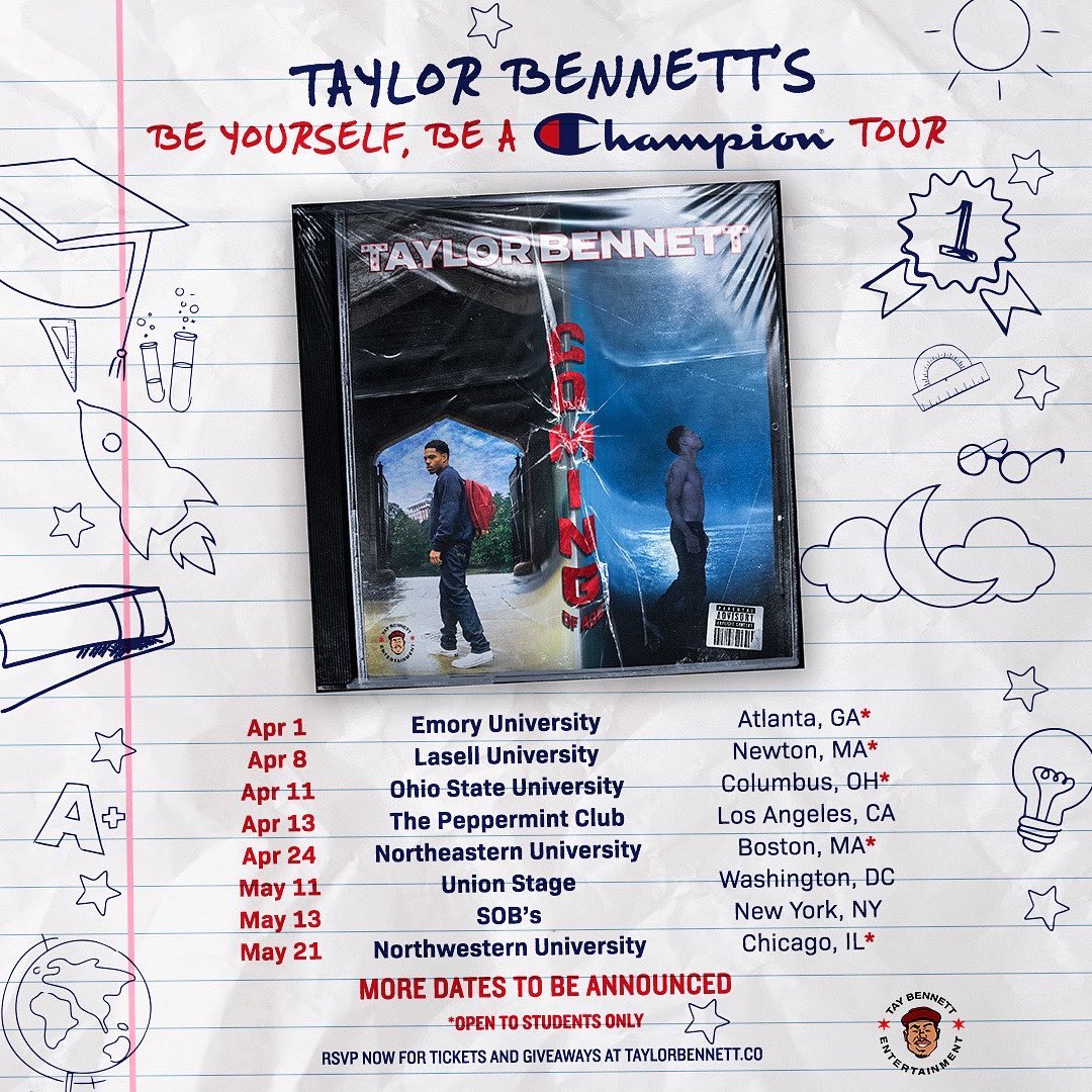 _TaylorBennett's tweet photo. I’m excited to announce my new partnership with @ChampionUSA I’ll be kicking things off APRIL 1 with a college tour beginning in Atlanta + my new Single “Fall Short” 😁! Stay tuned for more announcements. Comment your city below! #BeYourselfBeAChampion
#ChampionPartner https://t.co/7LKCCvdIy2
