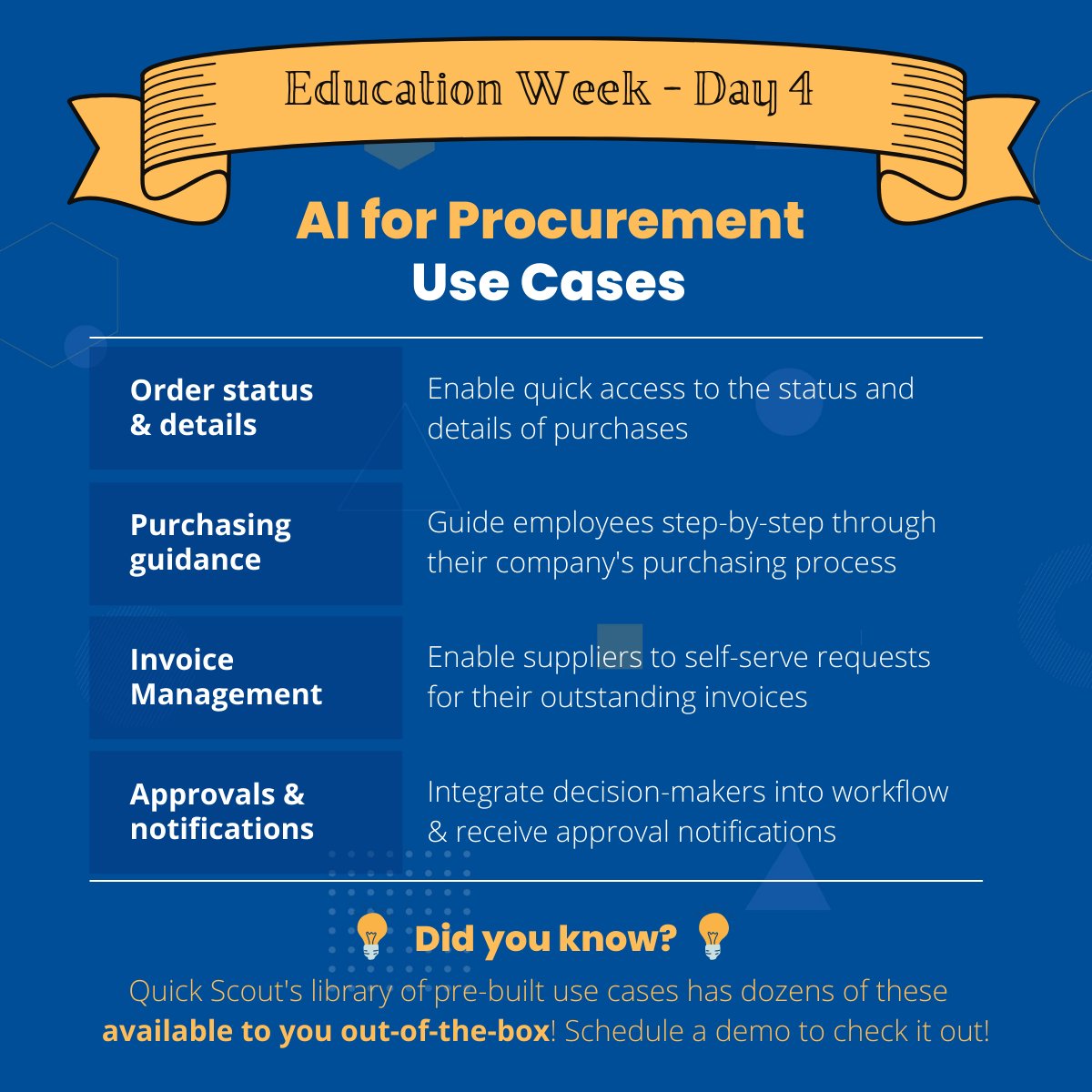Hey Procurement professionals!

Welcome to Day 4 of "Education Week", where we’re covering how business leaders are leveraging AI chatbots within Procurement to improve the employee experience. Although a late adopter, their 72% growth in AI adoption is high!

#educationweek #AI