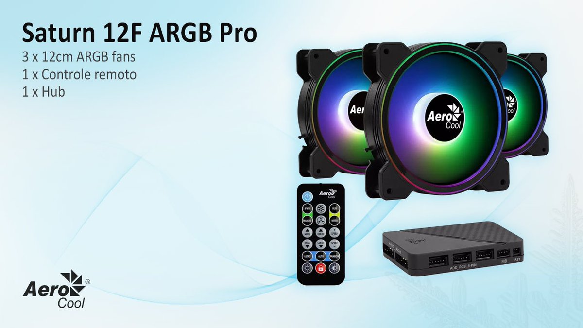 Hardstore's tweet photo. Mantenha o seu computador em baixa temperatura sem perder o estilo com kit de fans Aerocool 120mm SATURN 12F ARGB, que contém 3 fans, controle remoto e hub.

➡ Confira: https://t.co/m6jXQrXL62 https://t.co/nG6IEyFEN4