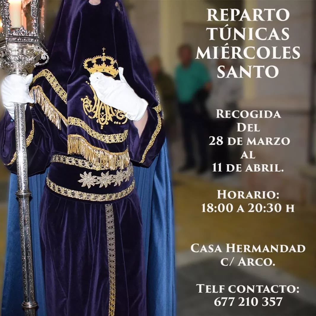 A partir del próximo lunes día 28 de marzo, la casa de Hermandad de la calle Arco estará abierta por la tarde para recoger las túnicas del Miércoles Santo.
Participa en la procesión.