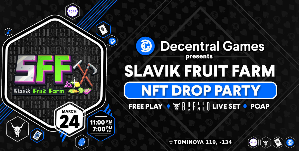 DecentralGames's tweet photo. Join us for the @SlavikFruitFarm NFT Drop Party, featuring a FREE Play competition &amp; performances by @bufalomusic and @PANSDJ @ 11pm UTC / 7pm EST in our Tominoya venue!🌽🐮🥳

🎁POAP at the event!🎁

👉RSVP: https://t.co/ChCfpTaNrc https://t.co/bVHi6Zaakq