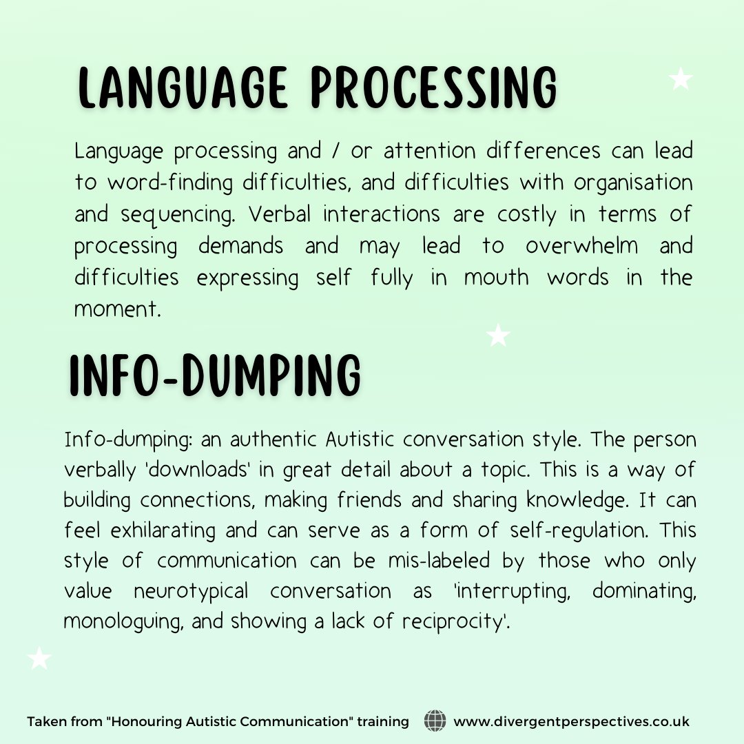 What does Autistic communication and interaction look like? Taken from our "Honouring Autistic Communication" training: divergentperspectives.co.uk/honouring-auti…  
#autism #ableism #NeurodiversityCelebrationWeek #Neurodiversity #autistic #SLT #SLP