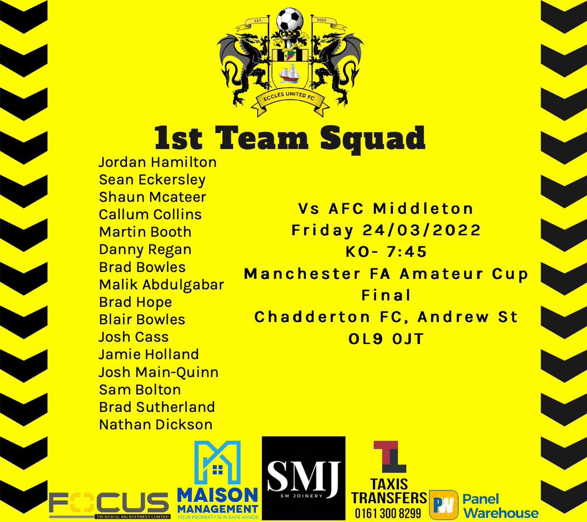 EcclesUnited's tweet photo. SQUADS:
Weekends don’t come bigger than this. The First Team kick us off on Friday night, looking to seal County Cup glory. 

The seconds continue their own hunt for silverware on Saturday, in the League Cup quarters. 

Come down and support the boys!

#UTE🎗 https://t.co/DeDmjMYKIf