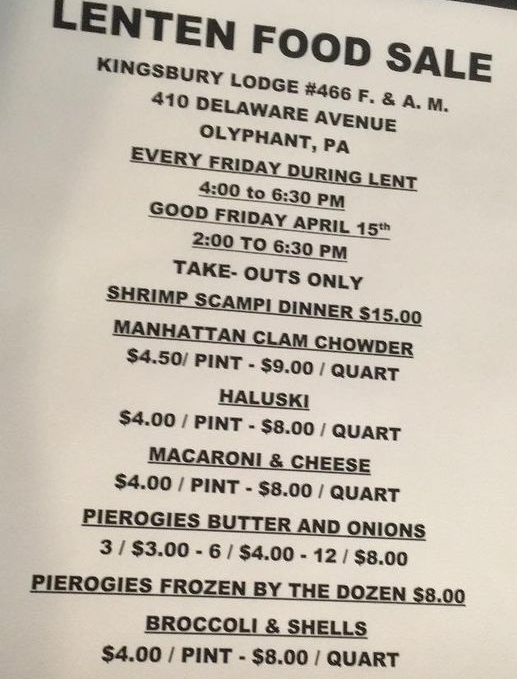 pagrandlodge's tweet photo. WEEKEND EVENTS ROUNDUP (3/25- 27)
3/25, 4-6 p.m. Kingsbury Masonic Lodge No. 466 (410 Delaware Ave., #Olyphant) Lenten food sale. Serving Shrimp Scampi, pierogis in butter and onions, haluski, mac and cheese, broccoli and shells and Manhattan clam chowder. Takeout only. https://t.co/NBMC4ImQuQ