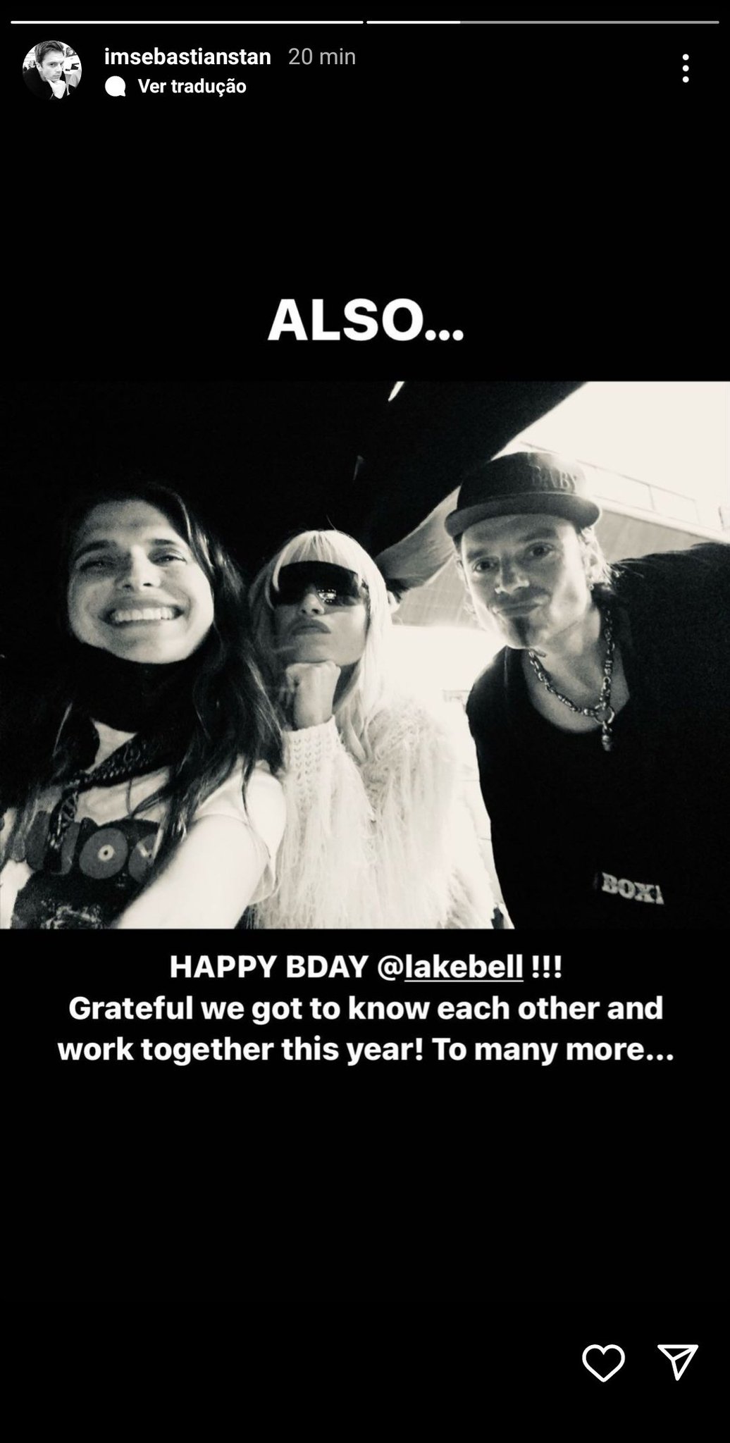  Sebastian Stan via Instagram Story wishing happy birthday to the director Lake Bell. 