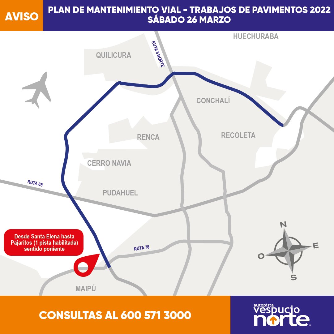 Vespucio_Norte's tweet photo. #TRABAJOS EN LA VÍA 🚧
Solo una pista habilitada al poniente por TRABAJOS DE PAVIMENTOS desde sector #SANTAELENA hasta #PAJARITOS.

Desde las 08:00 hasta las 22:00. Atención a la señalización del lugar ⚠️

¡Maneja con precaución!

@TTISantiago @radiocarab @biobio https://t.co/65Qq1eLmwg
