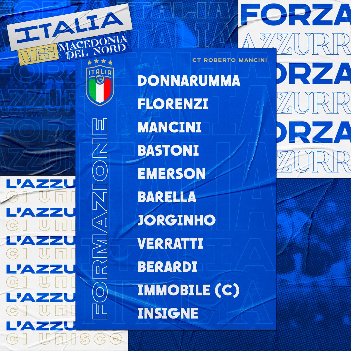 Azzurri's tweet photo. Play Off 🌍 #Mondiale

Gli 11 #Azzurri 💙 scelti dal Ct Mancini per

🇮🇹 #Italia 🆚 #MacedoniaDelNord 🇲🇰

⏱️ Oggi, ore 20.45
🏟️ Stadio “Renzo Barbera” - #Palermo
📺 In diretta su #Rai1 

#Qatar2022 #ITAMKD
#Azzurri #Nazionale 
#VivoAzzurro https://t.co/2gYdSanejv