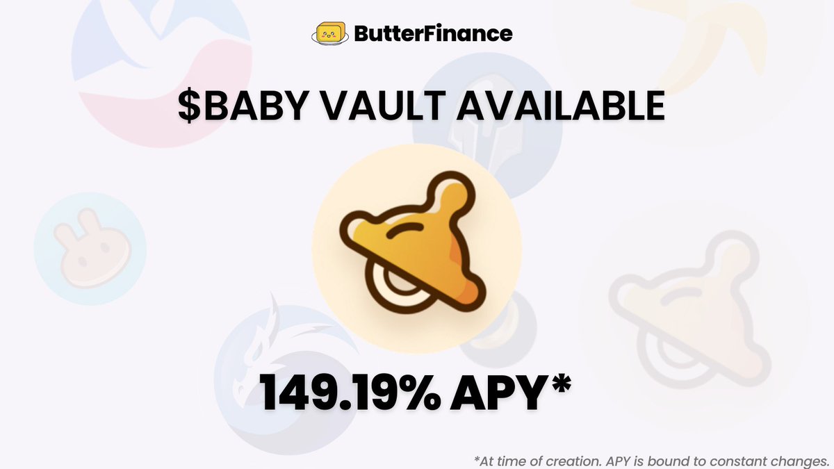 FinanceButter's tweet photo. This Butter Vault makes all the crying Babies happy again!👶
You can now stake your $BABY and earn currently ~150% APY.🔥🔥
That is 60% more than on @babyswap_bsc directly!
If that's not #buttersmooth, nothing is!
$BNB #BSC #defi #yieldfarm https://t.co/RYuT75etqw