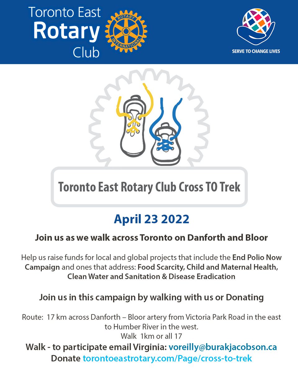 te_rotary's tweet photo. Help us, help others by supporting our Cross TO Trek walkathon.  For more information or to donate, go to https://t.co/4AmmmXzwR2. #Rotary #EndPolioNow #ServiceAboveSelf 
@Rotary7070 https://t.co/r3yYosw2sj
