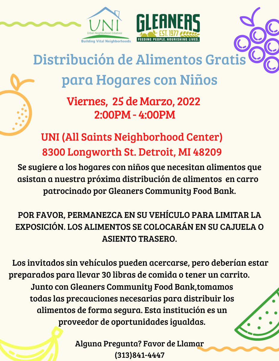 UNI_Detroit's tweet photo. Join us tomorrow for a @Gleaners food distribution event at our center, 8300 Longworth St. Detroit, 48209. Families can join us from 2PM-4PM. 

If you have any questions, please call us at (313)841-4447 https://t.co/CP28enmzph
