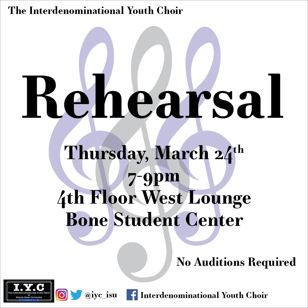 IYC_ISU's tweet photo. Join us for rehearsal tonight in the 4th floor lounge of the Bone Student Center. We’re looking forward to seeing you there! 💙🎶 https://t.co/TpSC3SNbuE