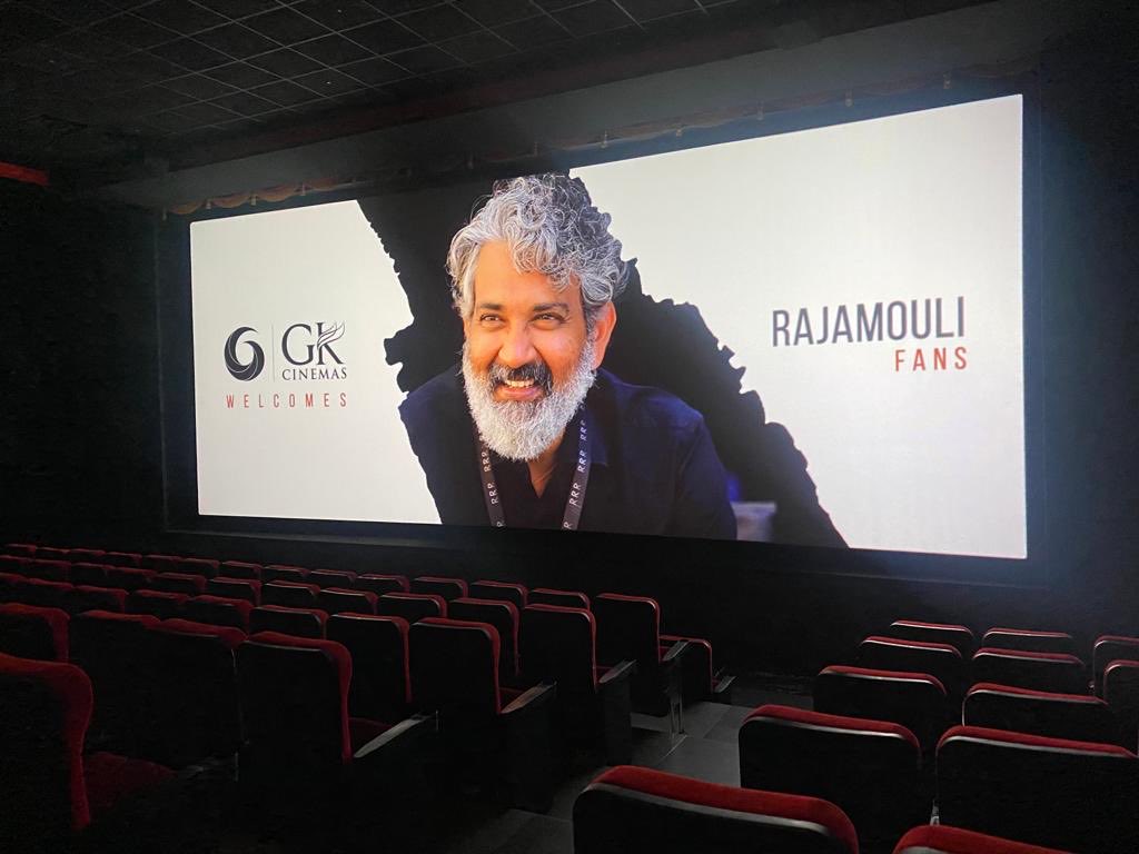 GKcinemas's tweet photo. Welcome slide loaded and checked ❤️ One proud tradition we started at #GK … first show in 4 hours 💥💥💥 can’t wait for #RRRatGK 

⁦@ssrajamouli⁩ and team 😍 https://t.co/KtPxNCI2HT