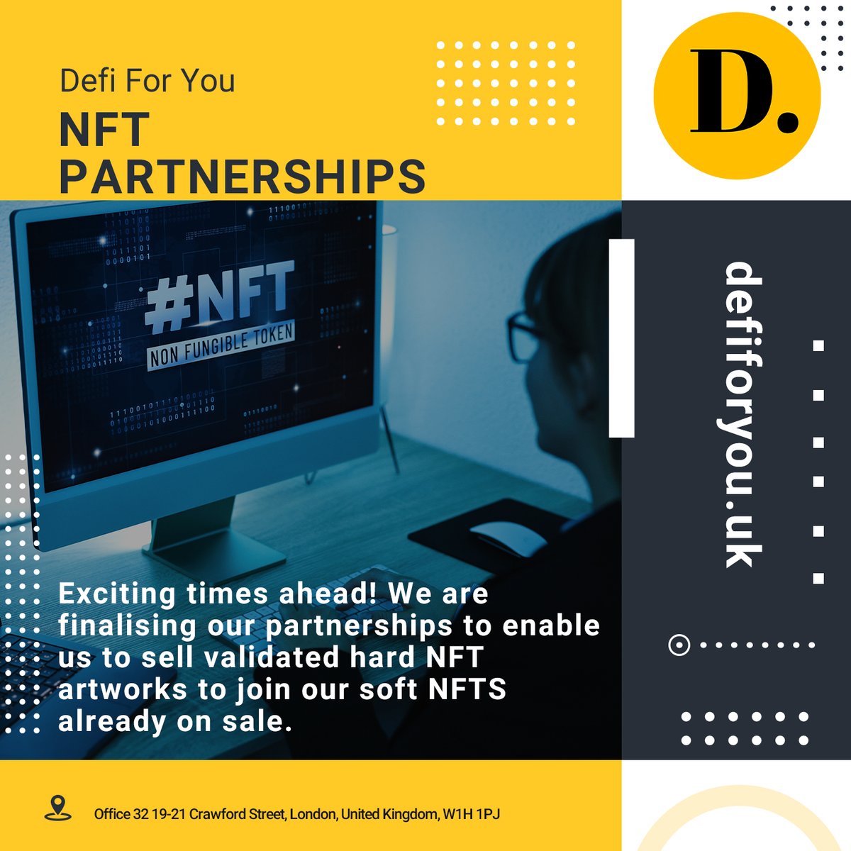 DeFiForYou's tweet photo. Exciting news! We are in the process of acquiring partnerships with well-known art galleries to in order to sell validated Hard NFT artworks to go along side our soft NFT's already on sale! https://t.co/M5UJ5xHDgY #crypto #defi #defiforyou #nft https://t.co/ldGhhMADFP