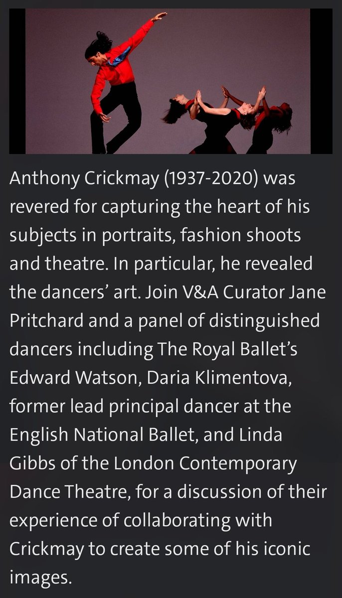 On Monday 25th April, join us at onsite at the V&amp;A with Dance Curator Jane Pritchard and a panel of distinguished dancers who collaborated with the master photographer Anthony Crickmay vam.ac.uk/event/NJPbnaOo…