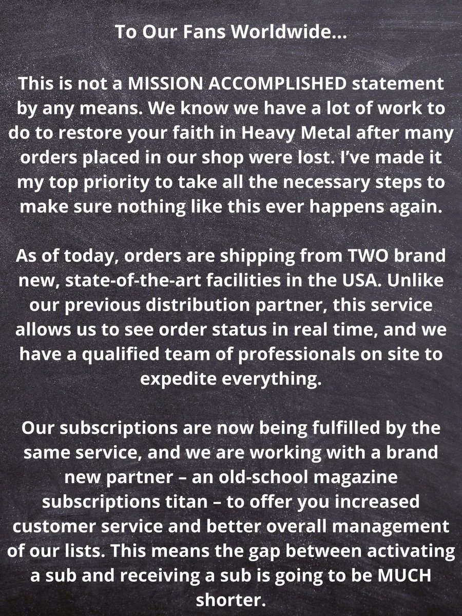 HeavyMetalInk's tweet photo. Statement from our Associate Publisher Kris Longo regarding the recent distribution, customer service and website changes.

On Twitter you can also speak with @HeavyMetalHelp if you are still experiencing issues. https://t.co/ourtwSYcgp