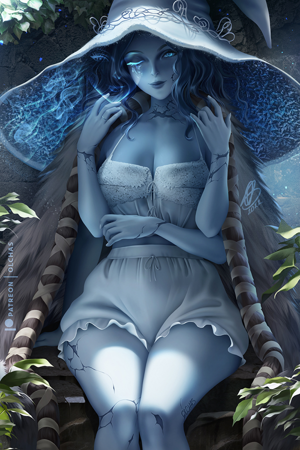 OlchaSArt's tweet photo. Can't play Elden Ring by myself but watched streams, they helped me to escape reality and to save my sanity. This game gives me a feeling of old gloomy fairy tales, I tried to put same vibes into my art with Ranni the Witch💙 https://t.co/qUEtZlMxN9