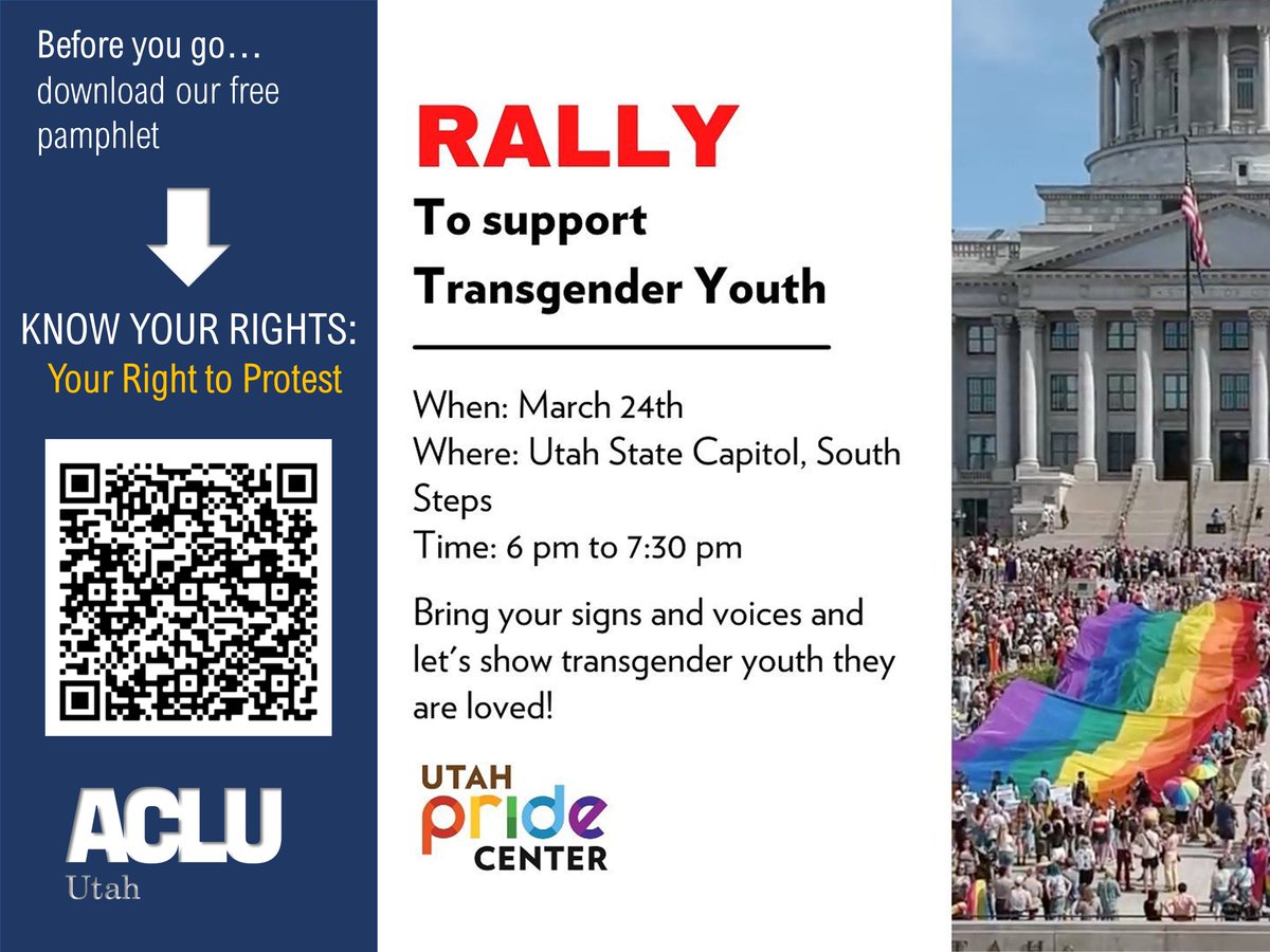 acluutah's tweet image. We encourage our friends &amp;amp; supporters to attend this rally TODAY at 6pm at the Utah Capitol in support of #UT's transgender youth. @utahpridecenter @TEAofUtah @EqualityUtah @betterutah #utpol 

Download KNOW YOUR RIGHTS: Your Right to Protest pamphlet: acluutah.org/kyr