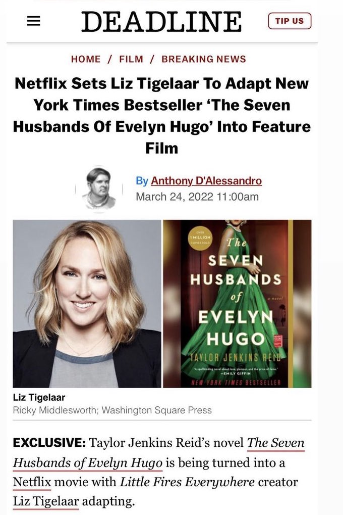 BooksUniversee's tweet photo. 📣 NOVEDAD

Liz Tigelaar será la encargada de adaptar “The seven husbands of Evelyn Hugo” en formato serie en la plataforma de Netflix. https://t.co/tVMQarY4da