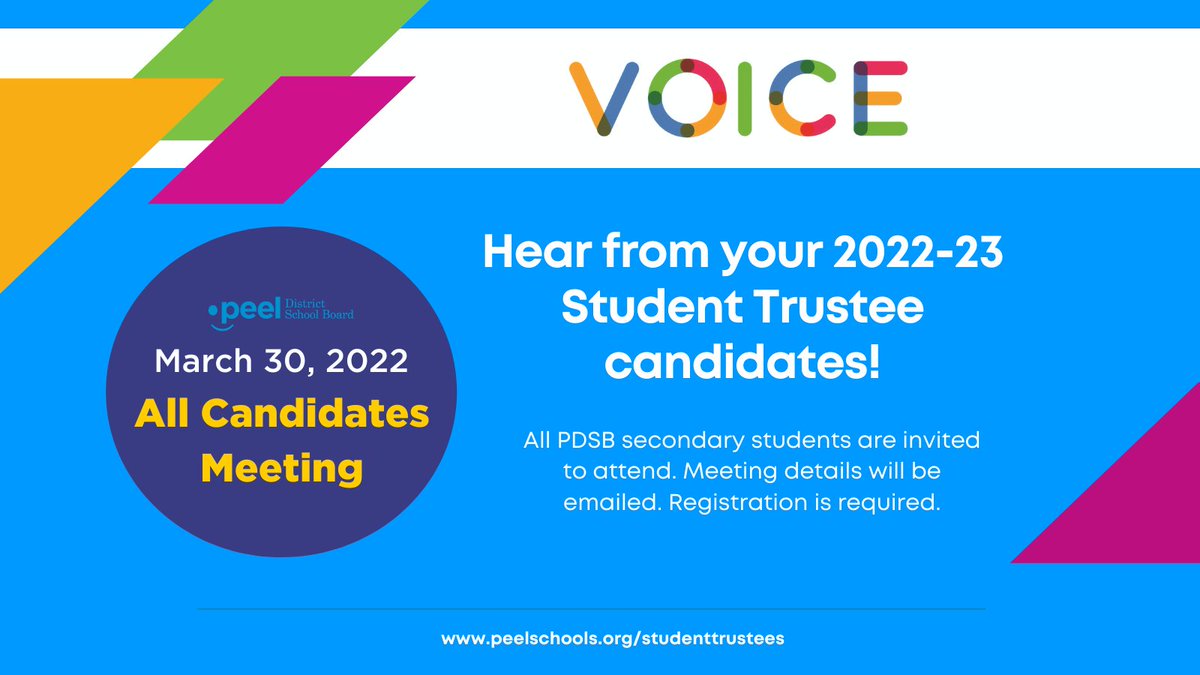 ATTN Secondary students: Don't miss the opportunity to hear from your 2022-23 North and South student trustee candidates on March 30.

Meeting details will be emailed to you directly. Registration is required to attend. Connect with your school for more info. #PeelStudentVoice