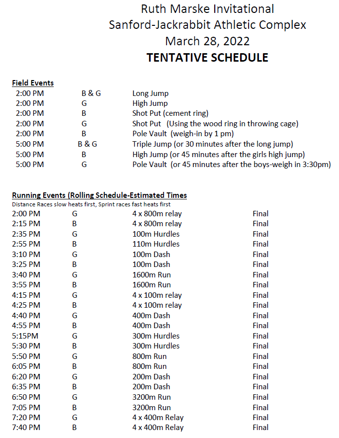 MadisonCSD's tweet photo. The High School Track and Field meet that was scheduled for Saturday at SDSU HAS BEEM MOVED TO MONDAY, MARCH 28th at the Jackrabbit Athletic Complex in Brookings.  Both field events and running events will start at 2:00pm. Please see the attached document for the event schedule. https://t.co/UZ9b7mbmFq