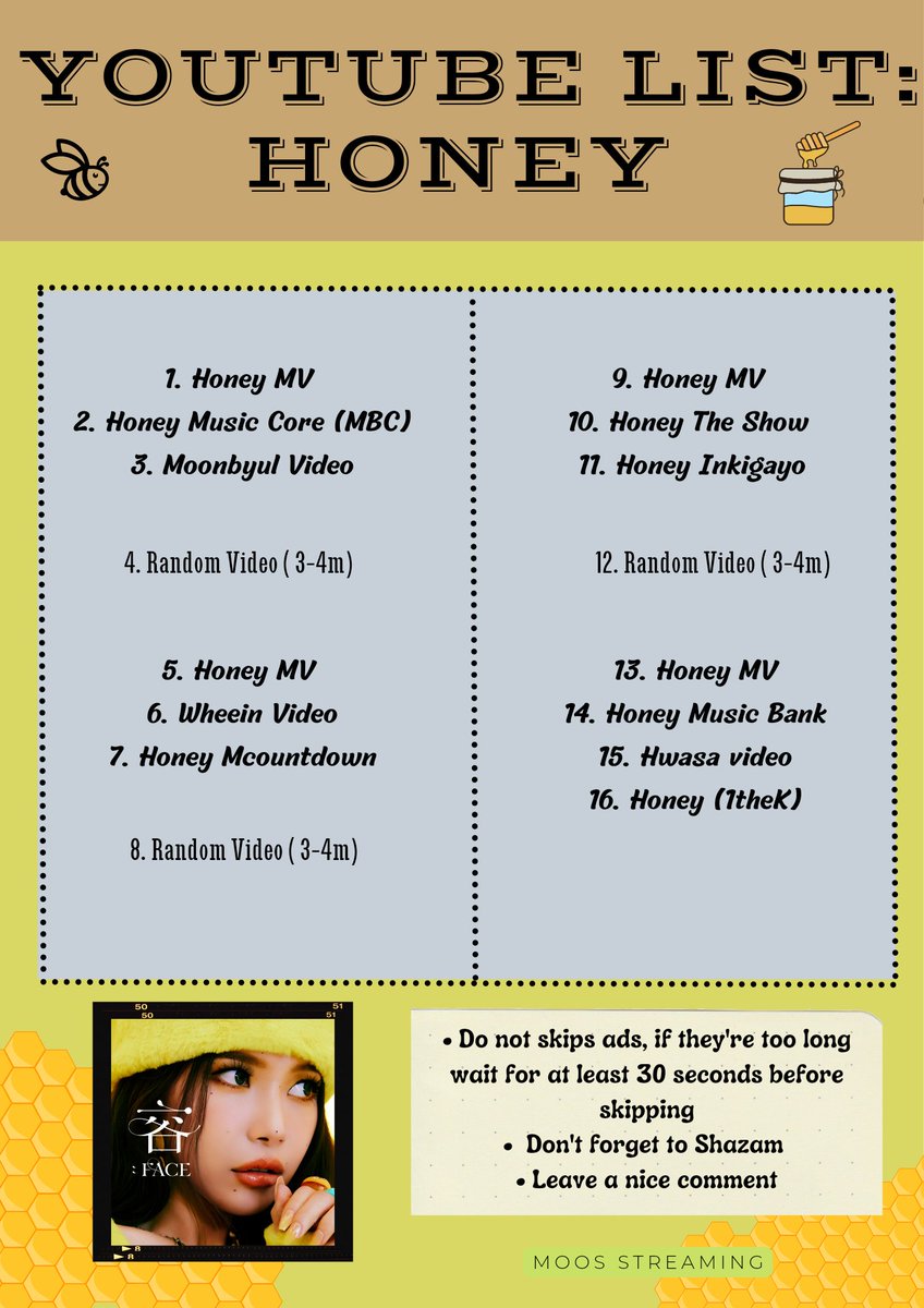 MoosStreaming's tweet photo. 🔴🟢 Honey Stream Party 🐝🍯
▫️Stream with us Honey, We share you an Spotify Playlist & a YouTube List.
🔗 https://t.co/0R9BirBwm1
HT: #SOLAR #솔라 #MAMAMOO SOLAR 1ST MINI ALBUM
FACE OUT NOW
#HONEYMusicVideo
#Honey_Solar https://t.co/Hmi0aNLe0T