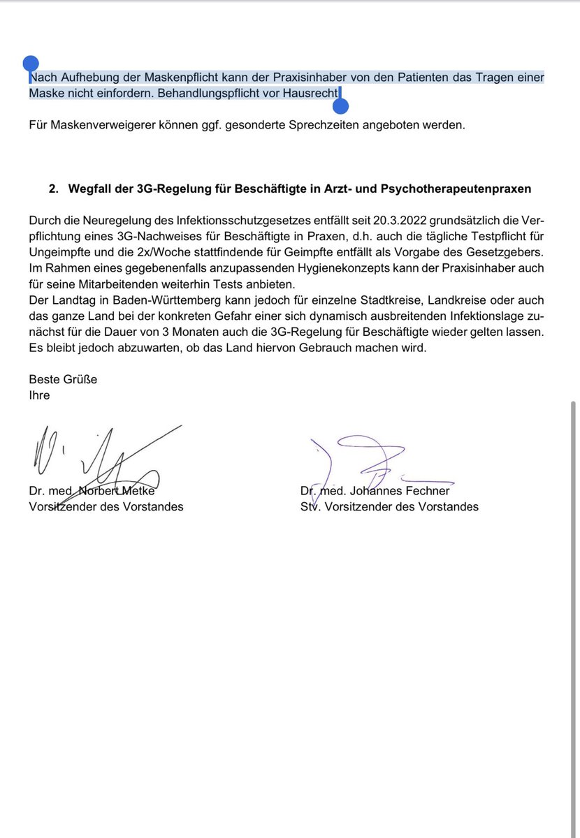 Ich bin fassungslos:
Ab dem 2.4. verlieren wir niedergelassene Ärzt*innen  #Psychotherapeut*innen in #BadenWuerttemberg das Recht, in unseren Praxen eine #Maskenpflicht durchzusetzen: Behandlungspflicht vor Hausrecht!