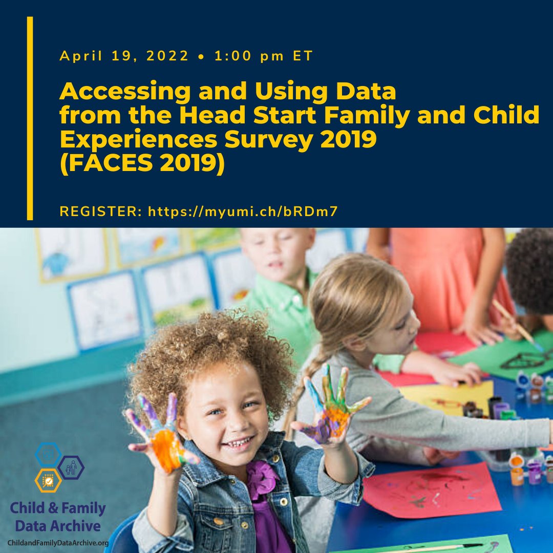 ICPSR's tweet photo. Save the date! On April 19 at 1 ET, join CFData and @OPRE_ACF to learn how to access and use data from the Head Start Family and Child Experiences Survey 2019 (FACES 2019)! Register here: https://t.co/ZZ5I4dKtse
#HeadStart #CFData #CFDataWebinar #FACES2019 https://t.co/TqeJjPtTc1