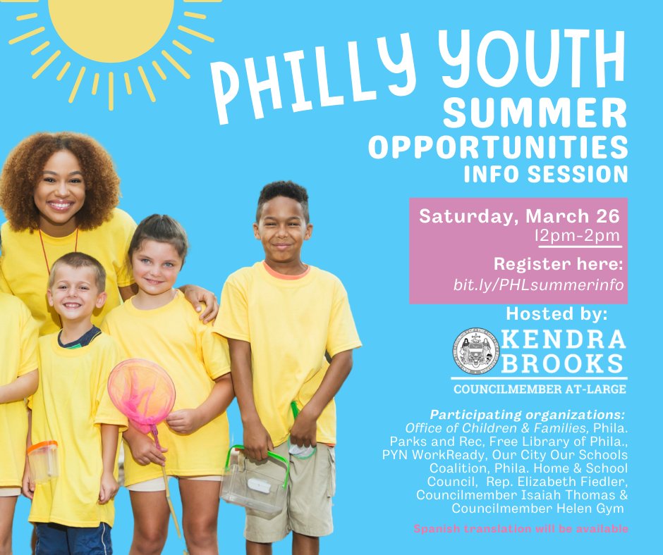 PHLfamilies's tweet photo. Are you interested in our summer youth opportunities? On Saturday, @KendraPHL is hosting a virtual summer youth info session with @PHLfamilies so you can learn all you need to know about summer camps, jobs and more. Register to attend: https://t.co/B7MPuPG05V https://t.co/F6EiT2TH5K