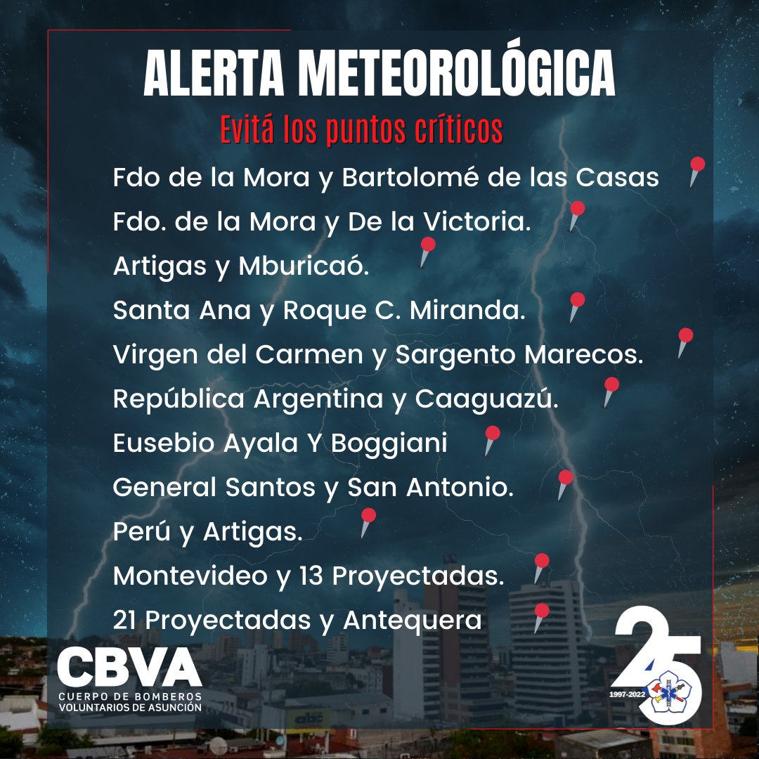 1330am's tweet photo. El #CBVA recomienda evitar los siguientes puntos críticos por posibles rudales ⛔
👉🏻 Recordamos que se emitió una alerta por ingreso de un sistema de tormentas.
📍 @bomberosasu https://t.co/9HiLamDBBG