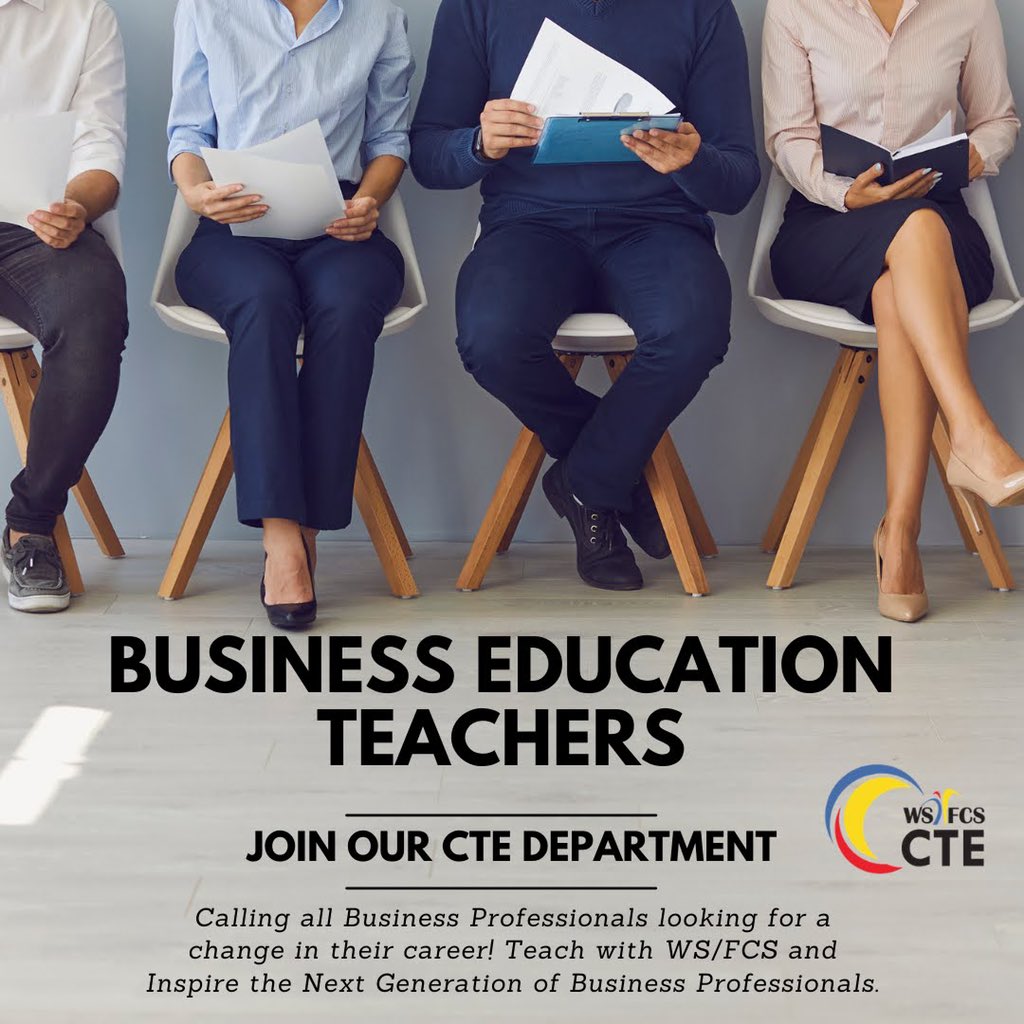 Join the <a href="/WSFCSCTE/">WSFCS CTE GOOD NEWS</a> family! We are looking for business education teachers and professionals! WSFCS Virtual Career Fair today 4-6PM! Register bit.ly/WSFCSSpringCar…   <a href="/wsfcs/">WS/FC Schools</a> <a href="/mlthrelkeld/">Michelle Derouin</a>