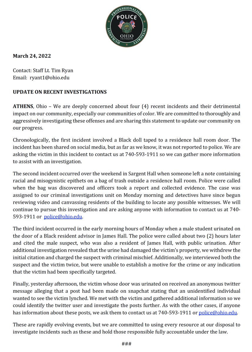 oupolice's tweet image. Please see the attached statement with updates on our investigations of four recent incidents @ohiou.