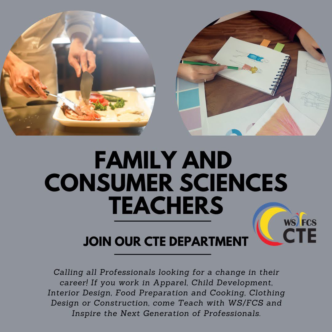Join the <a href="/WSFCSCTE/">WSFCS CTE GOOD NEWS</a> family for the 2022-23 school year! Looking for FCS professionals to teach interiors, foods, child dev, etc. WSFCS Virtual Career Fair today 4-6PM Register bit.ly/WSFCSSpringCar… <a href="/wsfcs/">WS/FC Schools</a> <a href="/mlthrelkeld/">Michelle Derouin</a>