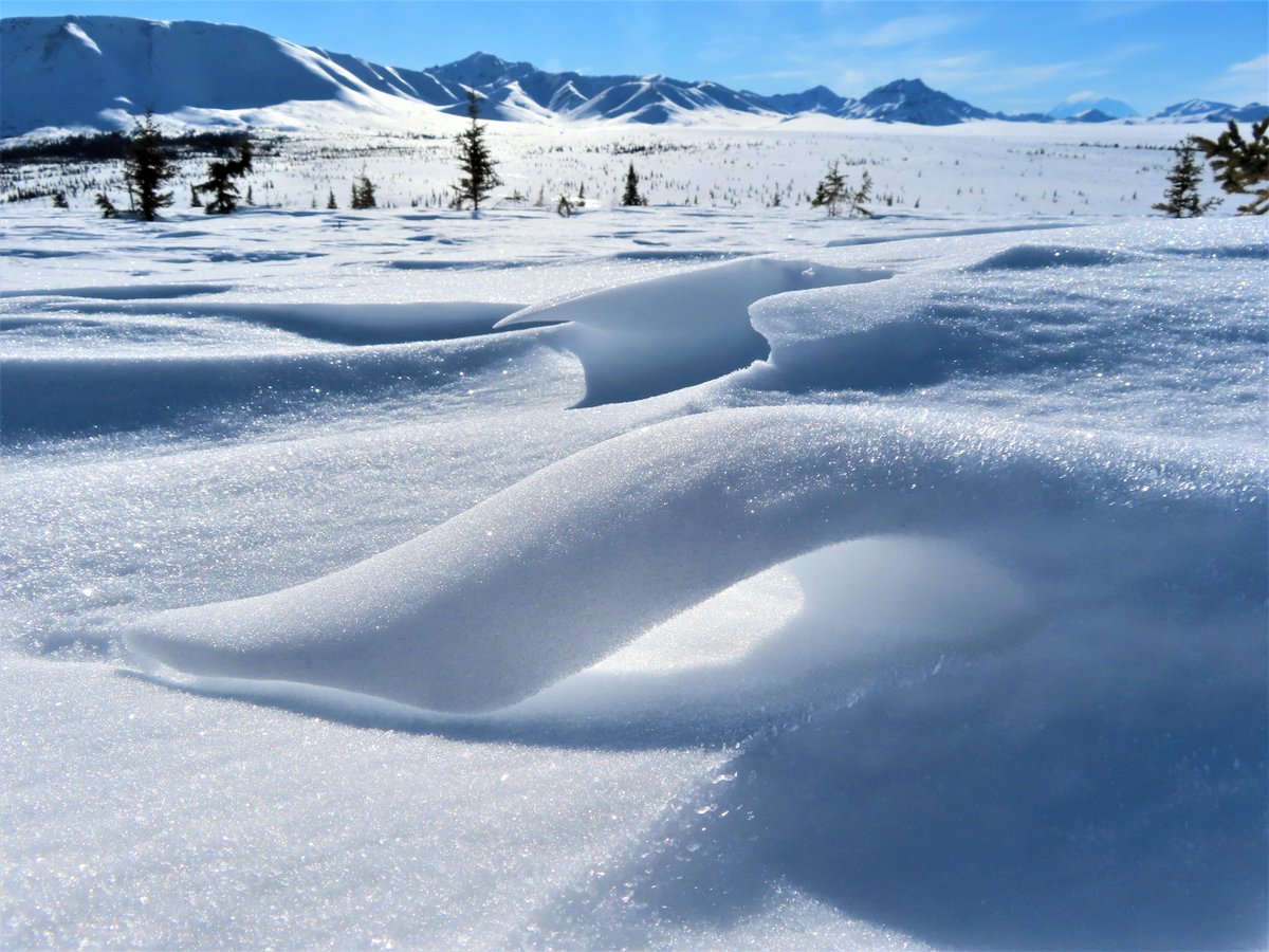 Two sparkling waves of snow extend from the right of the photo. Blue sky and mountains are visible in the background