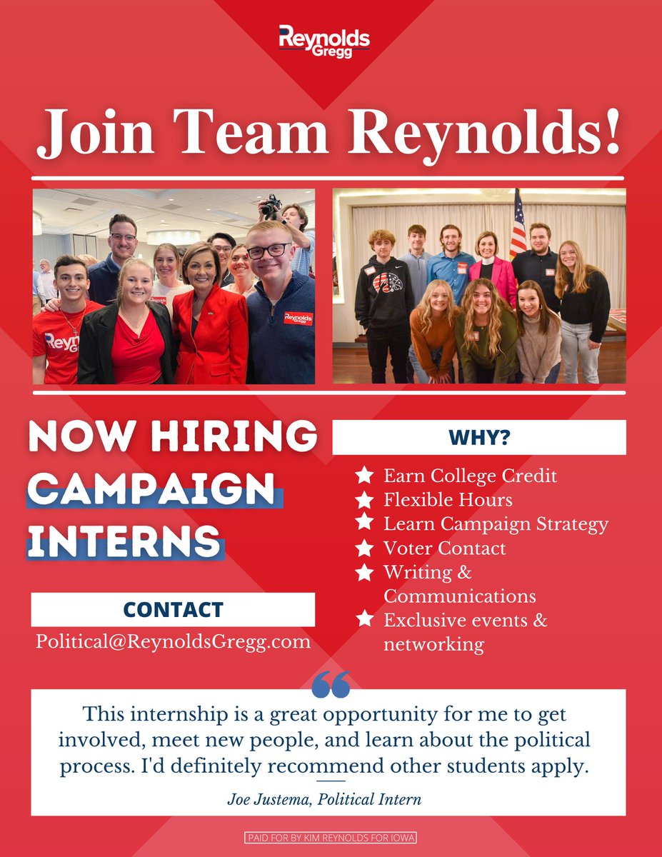 🚨We’re hiring interns!🚨
Are YOU interested in helping secure Gov. Reynolds’ re-election this November? Contact us at Political@ReynoldsGregg.com