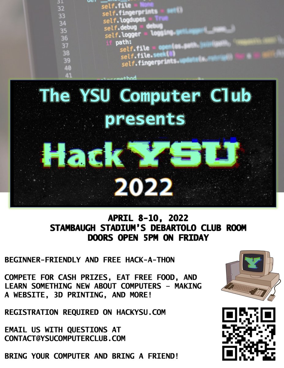 YSUcomputer's tweet photo. HackYSU 2022 is right around the corner!

HackYSU will be taking place April 8th-10th and is a beginner-friendly and free hackathon where students have the opportunity to compete for cash prizes, eat free food, and learn something new about computers! https://t.co/25pZSDxhq8