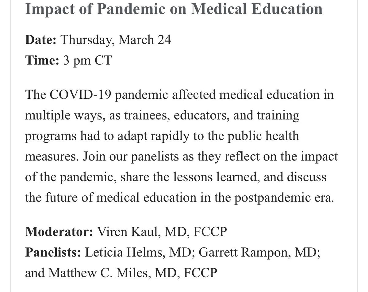 We are going live 🔜 

<a href="/accpchest/">CHEST</a> COVID-19 task force brings you  <a href="/DrMCMiles/">Matthew C Miles, MD, MEd</a> @GarrettRamponMD and <a href="/PrettiPimentaMD/">Leticia Helms, MD.</a> at 3PM CT / 4PM ET to discuss the impact of the #COVID pandemic on medical education!

Register:  chestnet.zoom.us/webinar/regist…