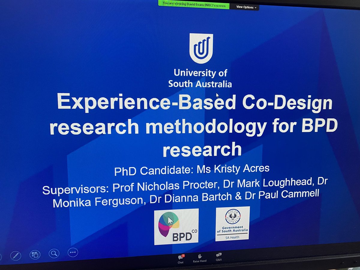 MHResearchUniSA's tweet photo. Important messages from Kristy Acres on collaborative approaches to research involving people with a diagnosis of #BPD. A focussed collaborative co-design is “done by us, for us”, experience based co-design partnering with academic expertise. #PhD #phdlife #BPDAwareness #BPDChat https://t.co/H77OmFB8N7
