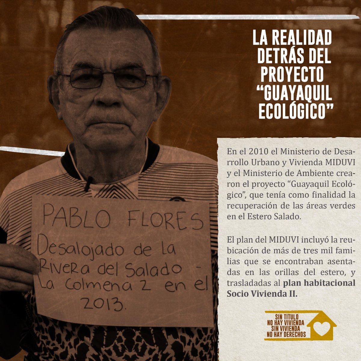 ¿Sabías que el Proyecto Guayaquil ecológico fue un política pública ejecutada en el 2013 por parte de <a href="/ViviendaEc/">Viceministerio de Des. Urbano y Vivienda 🇪🇨</a> para la recuperación de las riberas del estero salado  y que terminó con el desalojo de miles de familias?

Estas familias fueron reubicadas a #SocioVivienda
