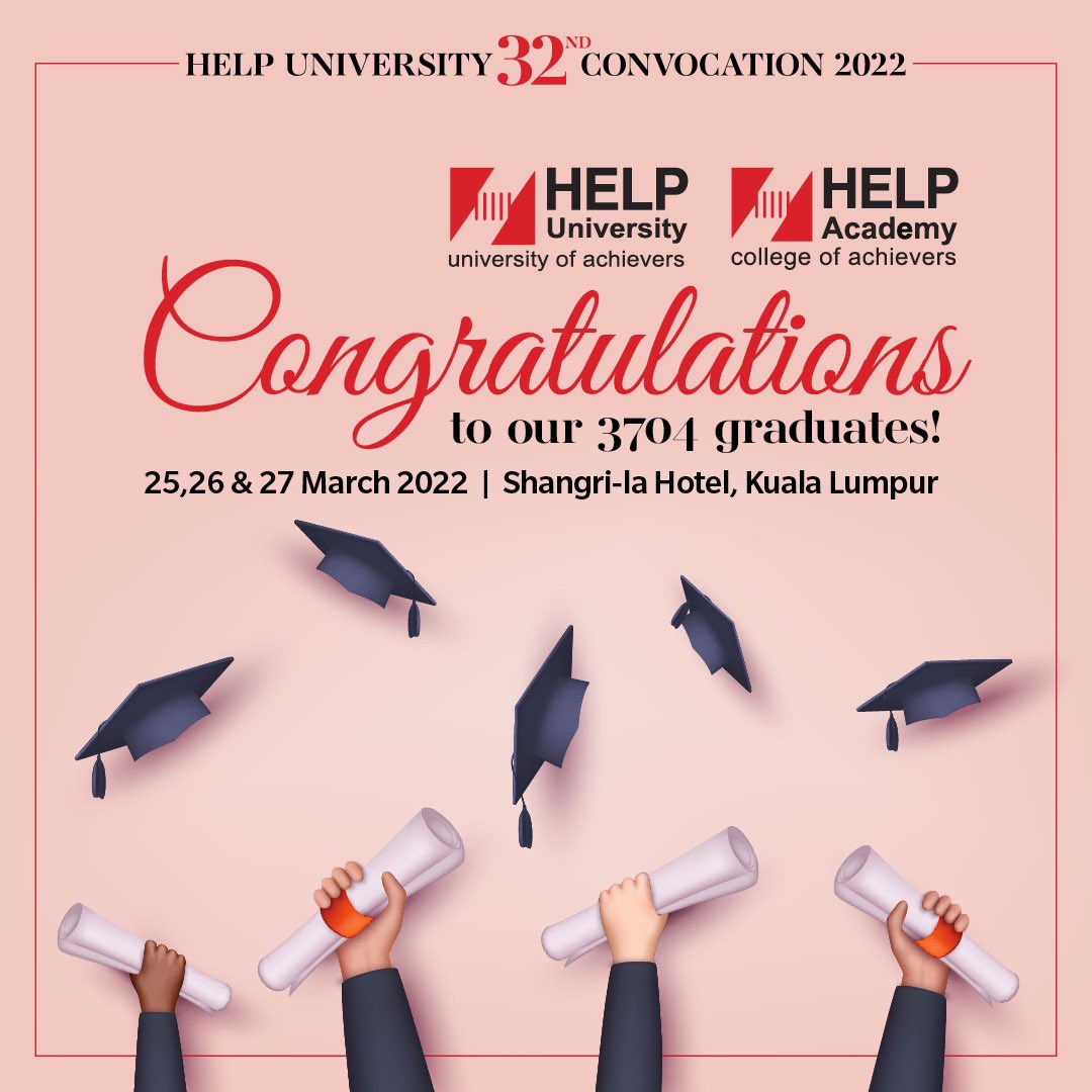 Congratulations to 3704 graduates! On 25, 26, 27 March we will be celebrating your achievements at the Shangri-la Hotel. The convocation will be live streamed on Facebook  lnkd.in/gKiJgsir

Congrats guys!! 

#HELPUniversity #HELPUni #graduation #convocation