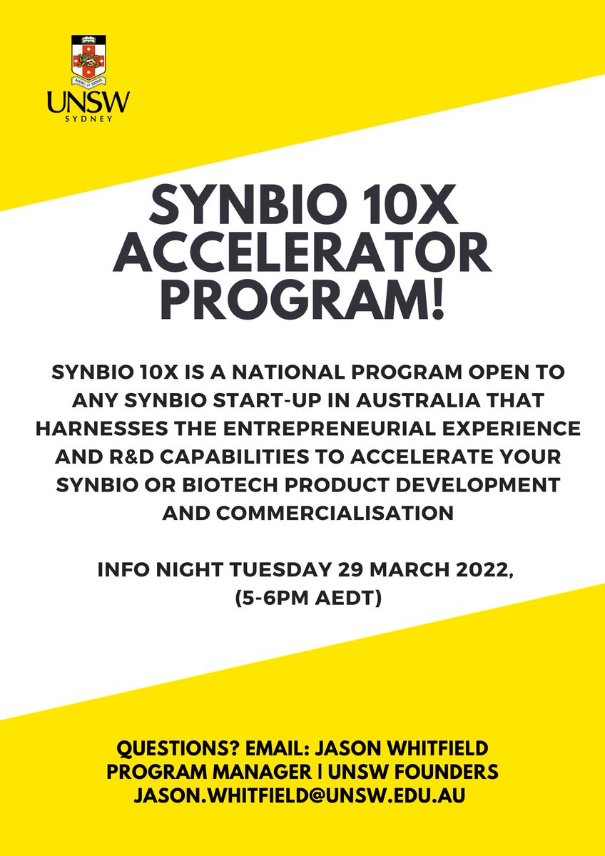 Calling all potential Aus #SynBio #Founders! The SynBio 10x is now live for 2022!

Make sure to attend the info night: 29 March 2022, 5-6pm AEDT link below.
eventbrite.com.au/e/unsw-founder…

For more info see: unswfounders.com/synbio10x-acce…