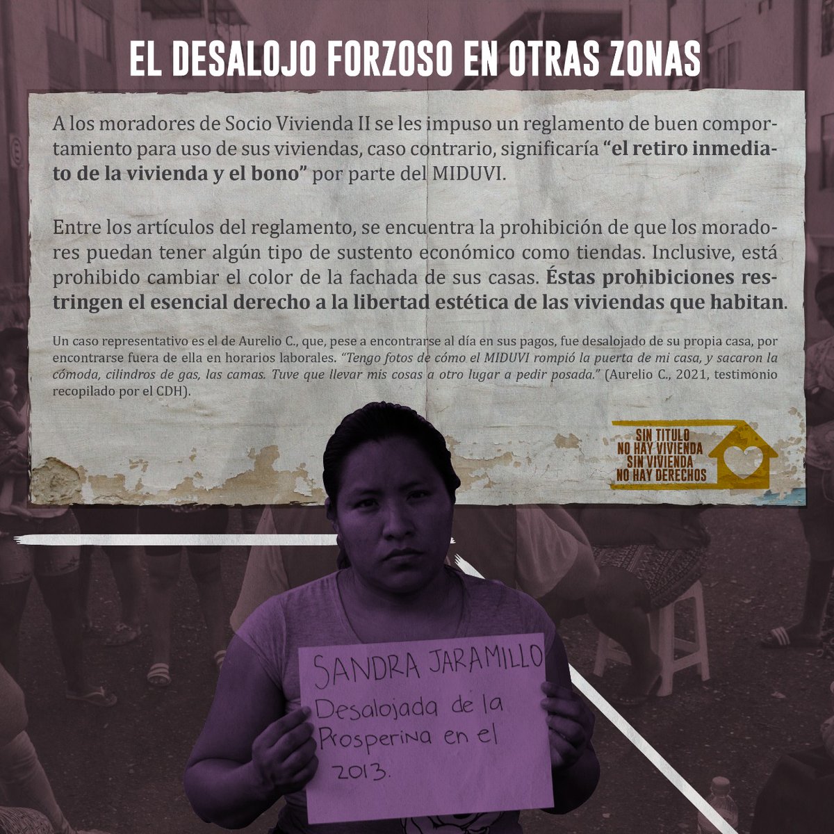 Desde la reubicación en el 2013  las familias de Socio Vivienda, no han podido gozar de una #ViviendaDigna puesto a que han vivido restricciones a través de un reglamento de reversión de la vivienda que ha sido usado para criminalizar la protesta social de las y los pobladores.