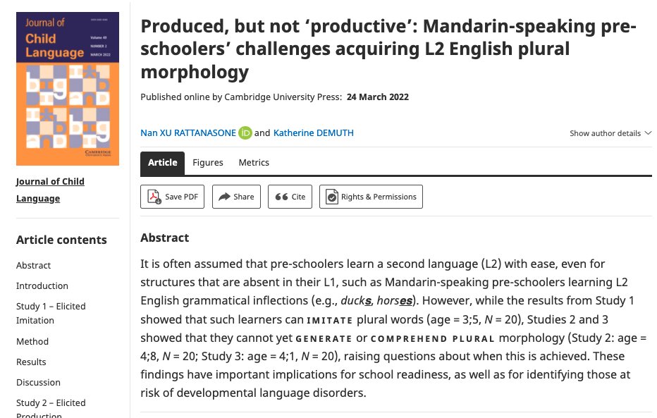 MQ Linguistics (@mqlinguistics) on Twitter photo New from <a href="/NanXuRattanason/">Nan Xu Rattanasone 徐囡</a> "Produced but not ‘productive’: Mandarin-speaking pre-schoolers’ challenges acquiring L2 English plural morphology" cambridge.org/core/journals/… Read more about <a href="/NanXuRattanason/">Nan Xu Rattanasone 徐囡</a>'s research here > researchers.mq.edu.au/en/persons/nan… New from <a href="/NanXuRattanason/">Nan Xu Rattanasone 徐囡</a> "Produced but not ‘productive’: Mandarin-speaking pre-schoolers’ challenges acquiring L2 English plural morphology" cambridge.org/core/journals/… Read more about <a href="/NanXuRattanason/">Nan Xu Rattanasone 徐囡</a>'s research here > researchers.mq.edu.au/en/persons/nan…