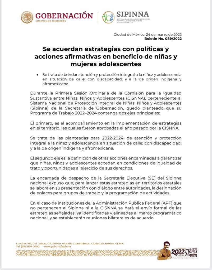 SEGOB_mx's tweet photo. #Boletín 📄| Se acuerdan estrategias con políticas y acciones afirmativas en beneficio de niñas y mujeres adolescentes. Para atender y proteger a la niñez y adolescencia en situación de calle; con discapacidad; y a la de origen indígena y afromexicana.➡️https://t.co/ZrxmQ9yZSa https://t.co/qIXZKTqAfw