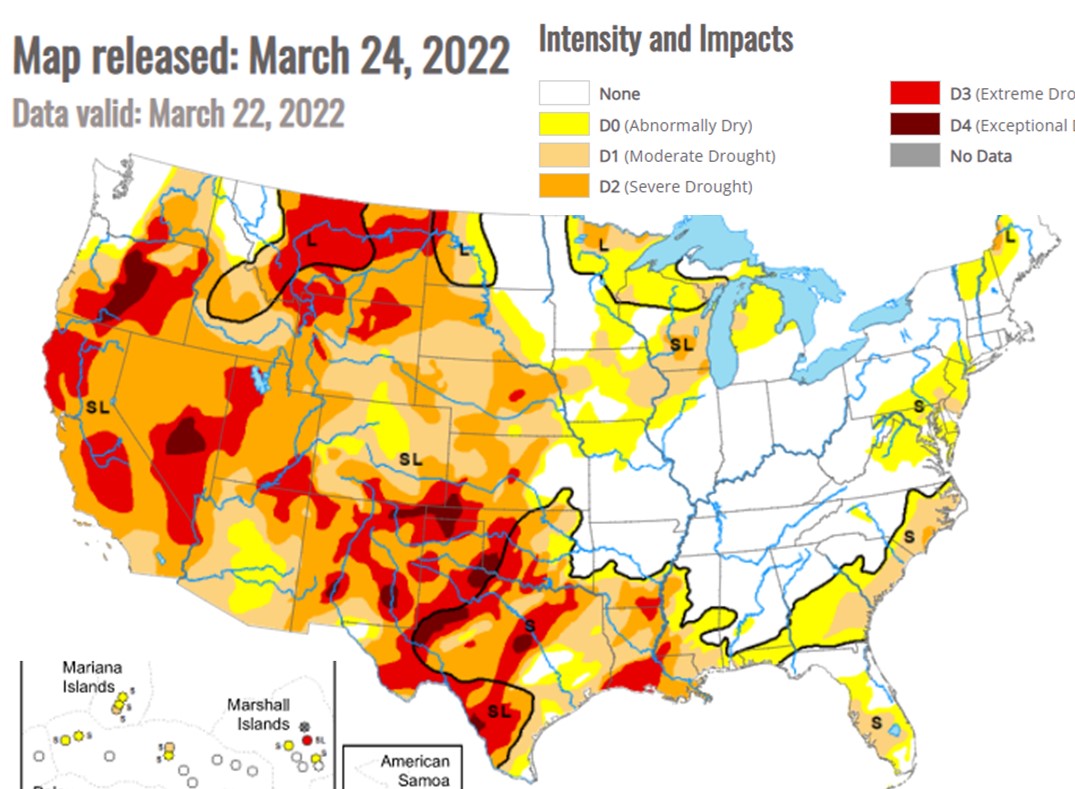Voz_Dennis's tweet photo. US drought not looking like it's improving. A graph of where different US wheat is grown is in the comments. For more details on the US drought checkout a podcast released 2 weeks ago on the RaboResearch AU channel. #agchatoz #wheat https://t.co/6p3XhIehEO