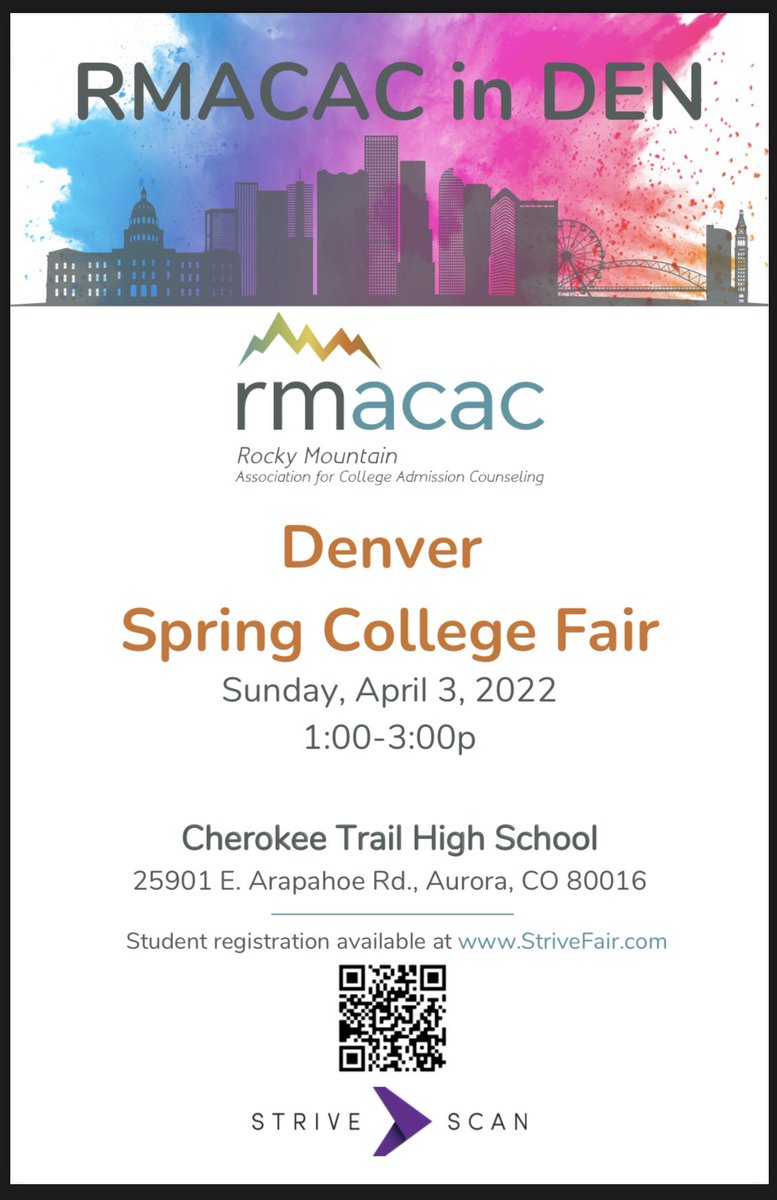 CTPostGrad's tweet image. Join us for the RMACAC college fair on April 3rd from 1-3 pm at Cherokee Trail! Check Schoology for more details and the link to pre-register. @CTHSConnect