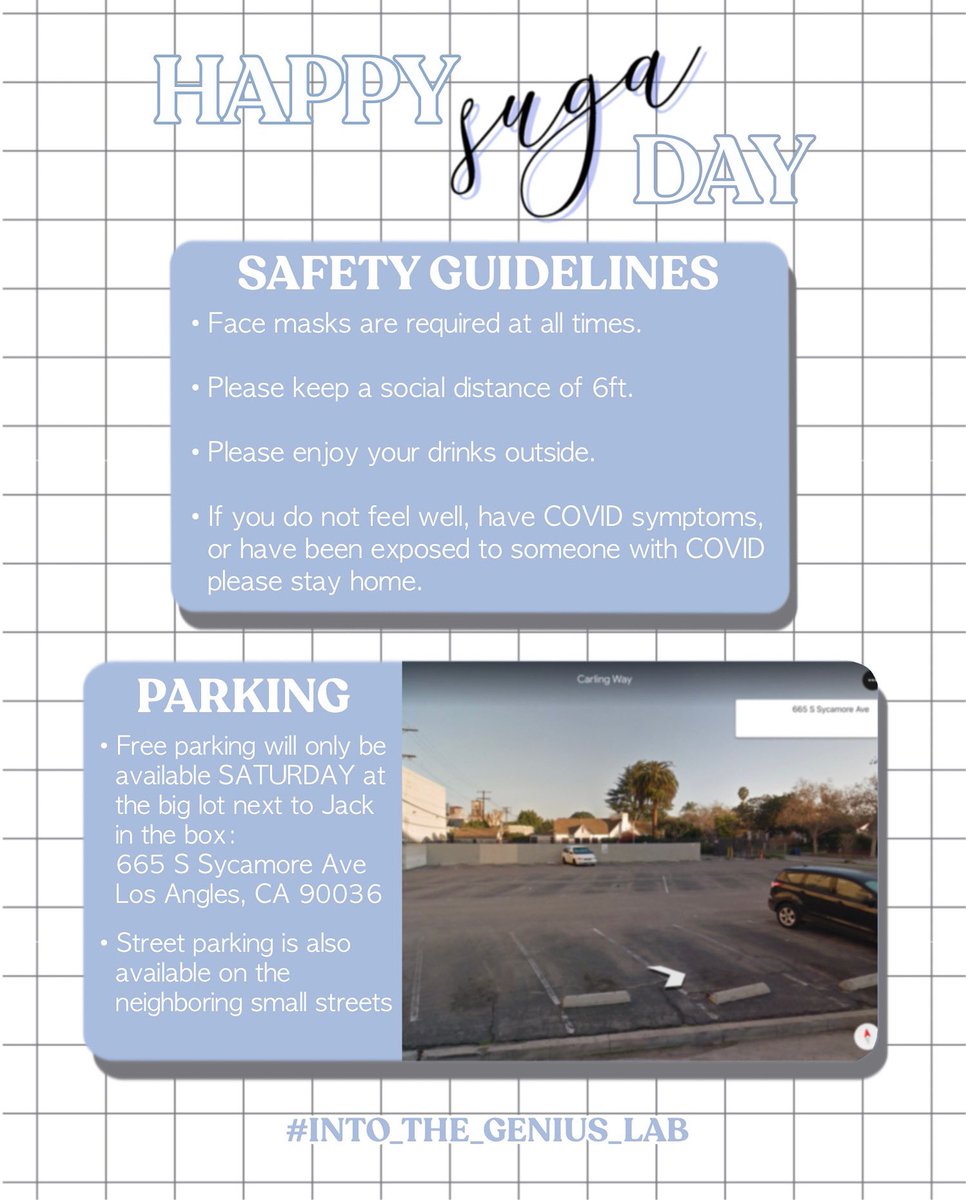 dulsetevents's tweet photo. Parking & Safety Guidelines
Unfortunately we were NOT able to secure the free parking lot behind Jack in the Box for both day, ONLY SATURDAY. Rest assured there is street parking on neighboring streets and parking structures 1-2 blocks away.
#Into_The_Genius_Lab #SUGA #bts https://t.co/GaRBPkuSLg