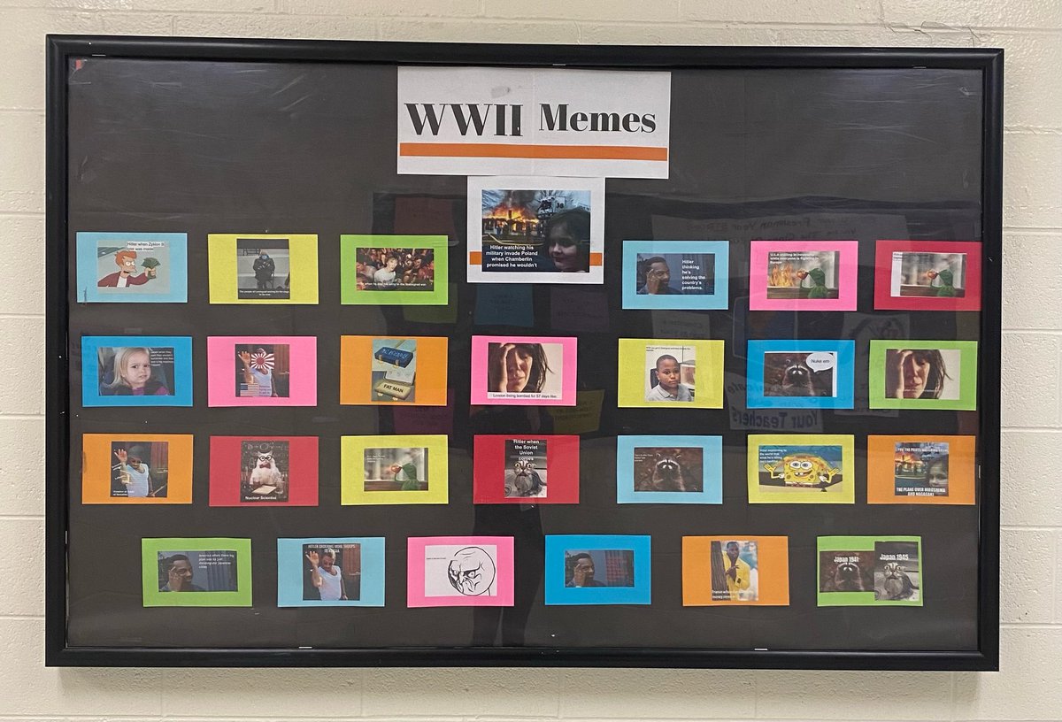ehenderson_SS's tweet photo. Before spring break World History students officially closed out the WWII unit with making memes! They never fail to impress me with their creativity. Some of the best ones can now be seen on display in the halls of West Fresh! #WEarelakota https://t.co/OH6qxkBt0Z