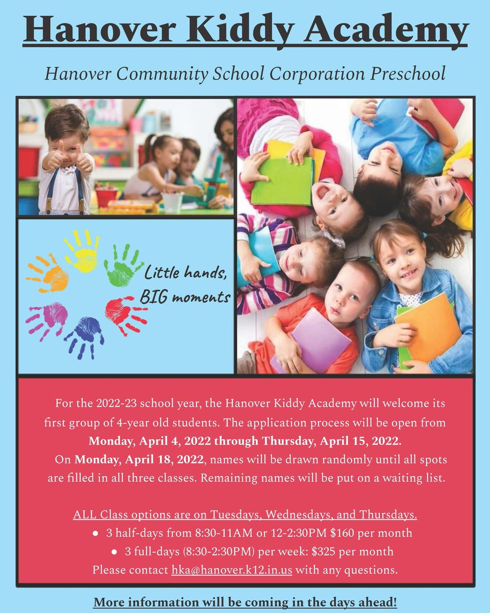 hcsc219's tweet photo. It's here!!  Pre-registration opens Monday, April 4, 2022, through Friday, April 15, 2022 for Hanover Kiddy Academy!
 
Questions should be referred to:  hka@hanover.k12.in.us https://t.co/DE4YCQIj2t