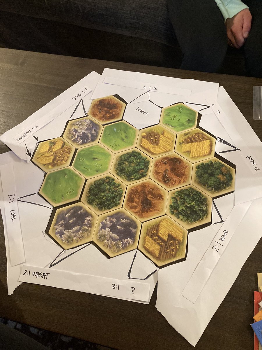 PatriciaJMurray's tweet photo. When you open a brand new @settlersofcatan and half the pieces are missing you improvise. Homemade numbers not pictured. #CatanLegends #Catan https://t.co/TRy3K3ES61