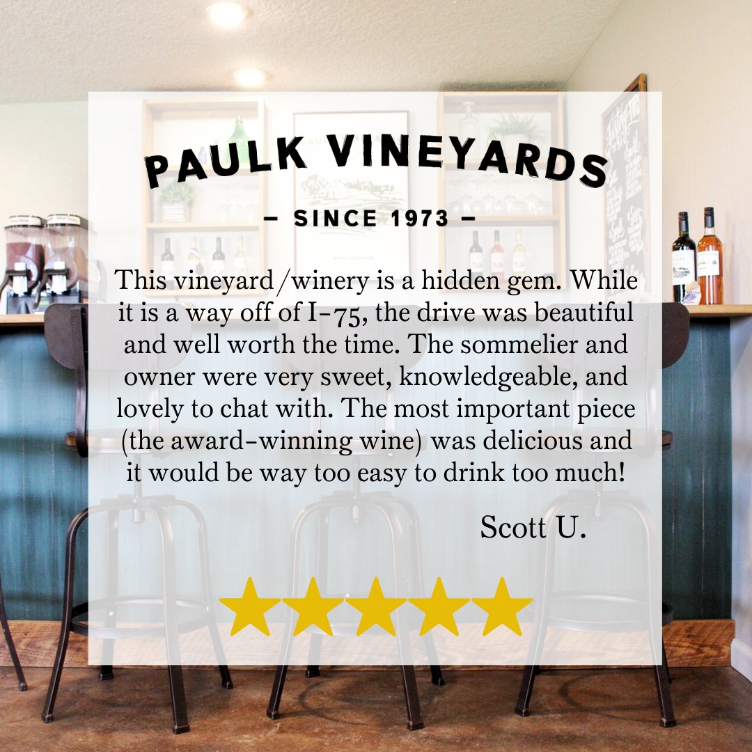 paulkvineyards's tweet photo. ⭐️⭐️⭐️⭐️⭐️

When we hear positive feedback like this, it makes everything that we do here at Paulk Vineyards all worth it. Thank you Scott U. for the wonderful review about your experience at our Tasting Room!

Leave your review at https://t.co/Egl3kWMB3z. https://t.co/SNAztF01HX